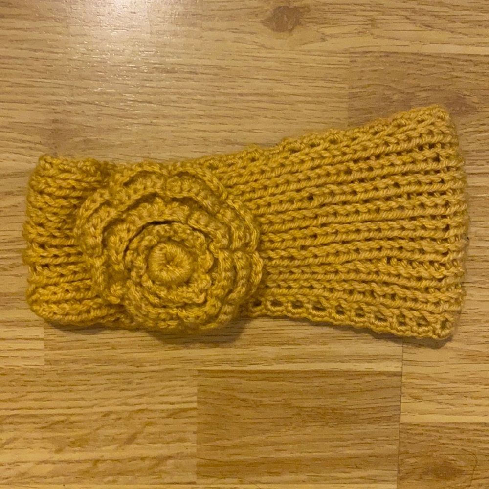 Yellow Knitted Headband with crocheted flower